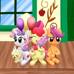 Size: 2000x2000 | Tagged: safe, artist:stellardust, derpibooru import, apple bloom, scootaloo, sweetie belle, earth pony, jackalope, pegasus, pony, unicorn, growing up is hard to do, apple bloom's bow, balloon, bow, cotton candy, cutie mark crusaders, derpibooru exclusive, eating, female, filly, foal, hair bow, high res, image, plushie, png, sitting, train station, trio, watch, wooden floor, wristwatch