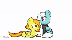 Size: 600x338 | Tagged: safe, derpibooru import, fleetfoot, spitfire, pegasus, pony, animated, book, clothes, duo, duo female, female, females only, flipaclip, gif, hairclip, image, licking, lying down, mlem, ponyloaf, prone, silly, spitfire is not amused, sweater, teenage fleetfoot, teenage spitfire, teenager, tongue out, unamused, younger