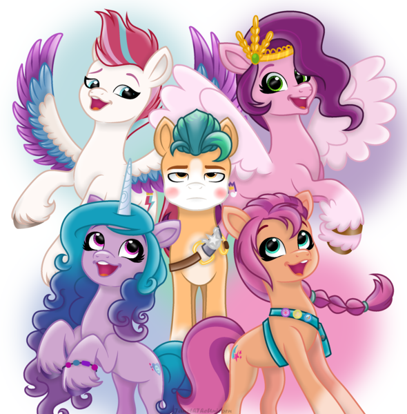 Size: 2661x2706 | Tagged: safe, artist:tuttyfruitart, derpibooru import, hitch trailblazer, izzy moonbow, pipp petals, sunny starscout, zipp storm, earth pony, pegasus, pony, unicorn, g5, my little pony: a new generation, spoiler:comic, spoiler:my little pony: a new generation, bag, bracelet, braid, clown makeup, diadem, female, fit right in (g5), fluttershy's cutie mark, friendship bracelet, group, hitch trailblazer is not amused, image, jewelry, makeup, male, mane five (g5), mare, one of these things is not like the others, png, quintet, rainbow dash's cutie mark, saddle bag, sash, sheriff's badge, simple background, stallion, twilight sparkle's cutie mark, unamused, unshorn fetlocks, white background