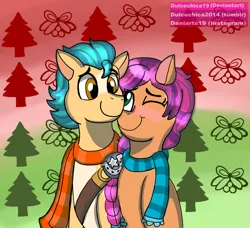 Size: 1299x1187 | Tagged: safe, artist:dulcechica19, derpibooru import, hitch trailblazer, sunny starscout, earth pony, pony, g5, my little pony: a new generation, 2021, blaze (coat marking), blushing, braid, christmas, christmas tree, clothes, coat markings, duo, duo male and female, facial markings, female, holiday, holly, image, male, mare, old art, one eye closed, png, scarf, sheriff's badge, shipping, snuggling, stallion, straight, striped scarf, sunnyhitch, tree