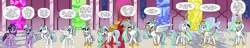 Size: 6456x1232 | Tagged: safe, artist:candyclumsy, derpibooru import, princess celestia, twilight sparkle, twilight sparkle (alicorn), alicorn, pony, cake, cakelestia, caught, character to character, commission, crown, cutie mark swap, dialogue, ethereal mane, eye color change, eyes closed, female, food, glow, glowing horn, grin, growth, hair growth, high res, hoof shoes, horn, image, implied princess celestia, implied princess luna, jewelry, looking back, magic, mare, nervous, nervous grin, open mouth, palette swap, peytral, pinpoint eyes, png, recolor, regalia, smiling, solo, speech bubble, spread wings, stumbling, telekinesis, throne room, transformation, transformation sequence, twinning, wings