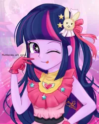 Size: 640x801 | Tagged: safe, artist:fluttershy_art.nurul, derpibooru import, twilight sparkle, twilight sparkle (alicorn), alicorn, human, equestria girls, anime, anime style, cute, fanart, idol, image, looking at you, pink background, png, purple eyes, simple background, smiling, smiling at you, solo