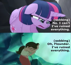 Size: 907x833 | Tagged: safe, derpibooru import, twilight sparkle, twilight sparkle (alicorn), alicorn, my little pony: the movie, crying, despair, hopeless, image, no i can't i ruined everything, png, princess melody, quote, reference, reference used, sad, tara strong, text, the little mermaid, the little mermaid 2: return to the sea