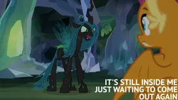 Size: 2000x1125 | Tagged: safe, derpibooru import, edit, edited screencap, editor:quoterific, screencap, ocellus, queen chrysalis, smolder, what lies beneath, disguise, disguised changeling, image, png, queen chrysellus