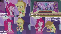 Size: 2000x1125 | Tagged: safe, derpibooru import, edit, edited screencap, editor:quoterific, screencap, applejack, pinkie pie, constructive criticism, equestria girls, equestria girls series, image, png