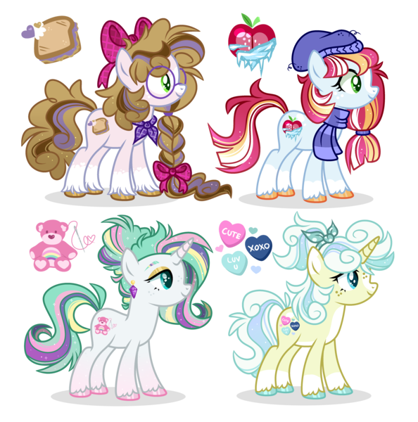 Size: 4950x5000 | Tagged: safe, artist:blazenly-obvious, derpibooru import, oc, oc:apple freeze, oc:peanut jamwich, oc:rainbow threads, oc:sugar hearts, unofficial characters only, earth pony, pony, unicorn, base used, bow, braid, clothes, coat markings, ear piercing, earring, female, glasses, hair bow, hat, image, jewelry, magical lesbian spawn, mare, offspring, parent:applejack, parent:bon bon, parent:cheese sandwich, parent:double diamond, parent:lyra heartstrings, parent:pinkie pie, parent:rarity, parent:zephyr breeze, parents:applediamond, parents:cheesepie, parents:lyrabon, parents:raribreeze, piercing, png, round glasses, scarf, simple background, socks (coat marking), striped scarf, transparent background, unshorn fetlocks