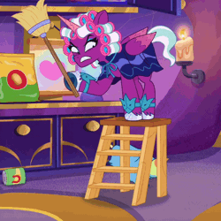 Size: 800x800 | Tagged: safe, derpibooru import, screencap, alicorn, pony, raccoon, g5, my little pony: tell your tale, spoiler:g5, spoiler:my little pony: tell your tale, spoiler:tyts01e50, angry, animal, animated, broom, clothes, dress, gif, image, loop, opaline alone, opaline arcana, scared, snacks