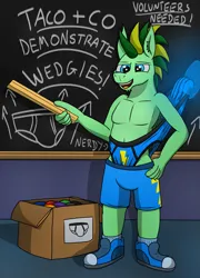 Size: 3111x4313 | Tagged: suggestive, artist:tacomytaco, derpibooru import, oc, oc:taco.m.tacoson, unofficial characters only, anthro, pegasus, comic:taco and co demonstrate wedgies, box, briefs, chalkboard, clothes, comic, hand, image, looking at you, magic, magic hands, male, partial nudity, png, ruler, shoes, shorts, smiling, socks, solo, solo male, topless, underwear, wedgie