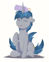 Size: 1588x1993 | Tagged: safe, artist:arcane-thunder, derpibooru import, oc, oc:arcane thunder, unofficial characters only, pony, unicorn, cute, eyes closed, fangs, happy, head pat, horn, image, male, motion lines, pat, petting, png, simple background, sitting, stallion, tail, tail wag, unicorn oc, white background