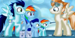 Size: 1980x1020 | Tagged: safe, artist:mlplary6, derpibooru import, fire streak, rainbow dash, soarin', oc, oc:blue skies, oc:speedy dash, pegasus, pony, bag, colt, female, filly, flight camp, foal, glasses, image, looking at each other, looking at someone, male, mare, offspring, parent:rainbow dash, parent:soarin', parents:soarindash, png, shipping, siblings, smiling, smiling at each other, soarindash, stallion, straight, twins
