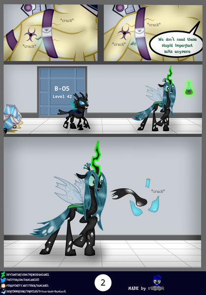 Size: 2560x3654 | Tagged: safe, artist:damlanil, derpibooru import, queen chrysalis, changeling, goo, comic:new conversion strategy, breaking, clothes, comic, commission, damlanil's lab, door, duo, female, flask, gloves, happy, hazmat suit, helmet, horn, image, laboratory, latex, latex gloves, latex suit, living latex, male, png, rubber, shiny, shoes, show accurate, smiling, speech bubble, suit, text, torn clothes, vector, walking, wings