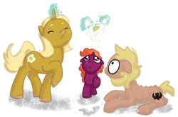 Size: 923x607 | Tagged: safe, artist:spatialheather, derpibooru import, oc, oc:forty winks, oc:sunnyside up, oc:sunset spark, unofficial characters only, earth pony, pony, unicorn, egg (food), food, image, lying down, png, prone, simple background, transparent background, trio
