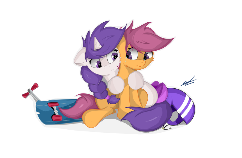 Size: 2872x1880 | Tagged: safe, artist:groomlake, derpibooru import, scootaloo, oc, oc:snowie aura, pegasus, pony, unicorn, bow, comforting, crying, female, filly, foal, helmet, hug, image, injured, png, tail, tail bow