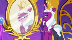 Size: 3072x1727 | Tagged: safe, derpibooru import, screencap, alicorn, pony, g5, my little pony: tell your tale, spoiler:g5, spoiler:my little pony: tell your tale, spoiler:tyts01e50, female, image, indonesian, jpeg, mare, mirror, opaline (song), opaline alone, opaline arcana, open mouth, solo, subtitles