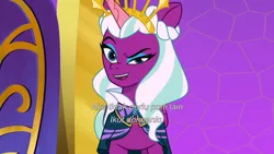 Size: 3072x1727 | Tagged: safe, derpibooru import, screencap, alicorn, pony, g5, my little pony: tell your tale, spoiler:g5, spoiler:my little pony: tell your tale, spoiler:tyts01e50, eyebrows, female, image, indonesian, jpeg, mare, opaline (song), opaline alone, opaline arcana, open mouth, open smile, raised eyebrow, smiling, solo, subtitles