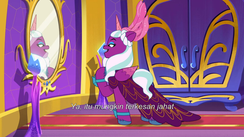 Size: 3072x1727 | Tagged: safe, derpibooru import, screencap, alicorn, pony, g5, my little pony: tell your tale, spoiler:g5, spoiler:my little pony: tell your tale, spoiler:tyts01e50, female, image, indonesian, jpeg, mare, mirror, opaline (song), opaline alone, opaline arcana, open mouth, open smile, smiling, solo, subtitles