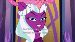 Size: 3072x1727 | Tagged: safe, derpibooru import, screencap, alicorn, pony, g5, my little pony: tell your tale, spoiler:g5, spoiler:my little pony: tell your tale, spoiler:tyts01e50, female, grin, image, indonesian, jpeg, mare, opaline (song), opaline alone, opaline arcana, smiling, solo, subtitles