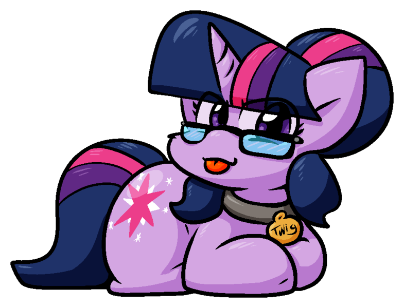 Size: 970x741 | Tagged: safe, artist:zutcha, derpibooru import, sci-twi, twilight sparkle, ponified, pony, unicorn, equestria girls, :p, collar, equestria girls ponified, eye clipping through hair, female, glasses, image, looking at you, lying down, mare, outline, pet tag, pettwi, png, pony pet, ponyloaf, prone, sci-twiabetes, simple background, solo, tongue out, transparent background, unicorn sci-twi