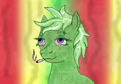 Size: 961x666 | Tagged: safe, artist:assertiveshypony, derpibooru import, oc, oc:stoney poney, unofficial characters only, earth pony, pony, 420, abstract background, as high as kite, drugs, earth pony oc, high, image, joint, marijuana, png, red eyes, solo, stoned