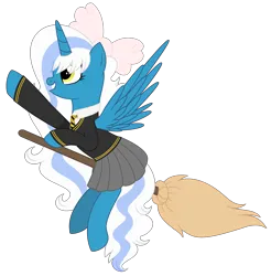 Size: 2863x2911 | Tagged: safe, artist:cindystarlight, derpibooru import, oc, oc:fleurbelle, unofficial characters only, alicorn, pony, alicorn oc, bow, broom, clothes, female, hair bow, horn, image, mare, png, school uniform, simple background, solo, transparent background, wings, yellow eyes