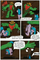 Size: 2604x3876 | Tagged: safe, artist:cactuscowboydan, derpibooru import, izzy moonbow, oc, unicorn, comic:the good the bad and the pony, g5, cactus, comic, cowboy hat, dialogue, dropping, hanging by tail, hat, hooves, image, jpeg, lifting, story included, tail, tail pull, trapdoor