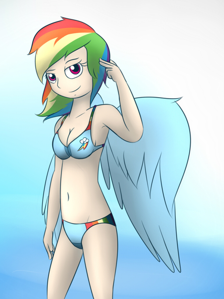 Size: 768x1024 | Tagged: safe, artist:samofbob, derpibooru import, rainbow dash, human, belly button, bikini, clothes, female, humanized, image, jpeg, solo, swimsuit, winged humanization, wings