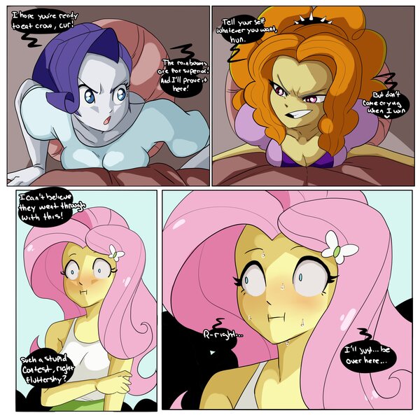 Size: 3000x3000 | Tagged: questionable, artist:inuyuru, derpibooru import, adagio dazzle, fluttershy, rarity, human, comic:the fucking contest, equestria girls, rainbow rocks, :i, blushing, breasts, cleavage, comic, dialogue, explicit source, full body glory hole, glory hole, grin, image, imminent sex, jpeg, nervous, nervous grin, nervous sweat, sex competitions, smiling, smirk, speech bubble, sweat, sweatdrops, through wall, wide eyes