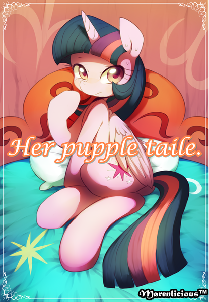 Size: 1002x1450 | Tagged: safe, alternate version, artist:maren, derpibooru import, twilight sparkle, twilight sparkle (alicorn), alicorn, pony, cover, doujin, engrish, female, frown, image, looking at you, looking back, looking back at you, lying down, mare, png, pointing at self, side, sitting, solo