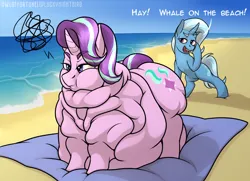 Size: 4500x3250 | Tagged: suggestive, artist:owloffortune, derpibooru import, starlight glimmer, trixie, pony, unicorn, beach, beach towel, belly, belly on floor, big belly, bingo wings, chubby cheeks, dialogue, fat, huge belly, image, impossibly large belly, morbidly obese, neck roll, obese, ocean, png, rolls of fat, starlard glimmer, starlight glimmer is not amused, towel, unamused, water