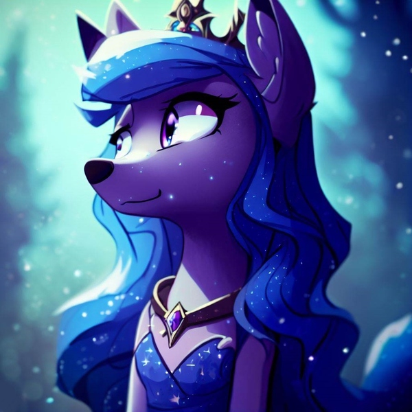 Size: 1000x1000 | Tagged: safe, derpibooru import, machine learning generated, stable diffusion, princess luna, wolf, clothes, dress, female, furry, image, jewelry, jpeg, smiling, solo, species swap, wolfified