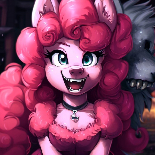 Size: 1000x1000 | Tagged: safe, derpibooru import, machine learning generated, stable diffusion, pinkie pie, wolf, choker, clothes, female, furry, image, jpeg, looking at you, smiling, smiling at you, solo, species swap, wolfified