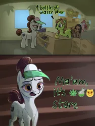 Size: 2447x3256 | Tagged: safe, artist:ciborgen, derpibooru import, pinkie pie, tree hugger, oc, earth pony, pony, 2 panel comic, 420, bags under eyes, bloodshot eyes, comic, dialogue, drugs, emoji, female, gun, handgun, high, image, maneki-neko, mare, marijuana, png, store, visor cap, water bottle, weapon