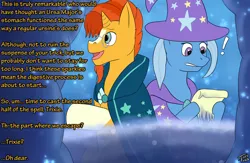 Size: 1810x1182 | Tagged: safe, artist:tastytales, derpibooru import, sunburst, trixie, pony, unicorn, cape, cloak, clothes, didn't think this through, duo, exclamation point, female, hat, image, internal, jpeg, male, mare, stallion, sunburst's cloak, this will end in death, trixie's cape, trixie's hat, vore