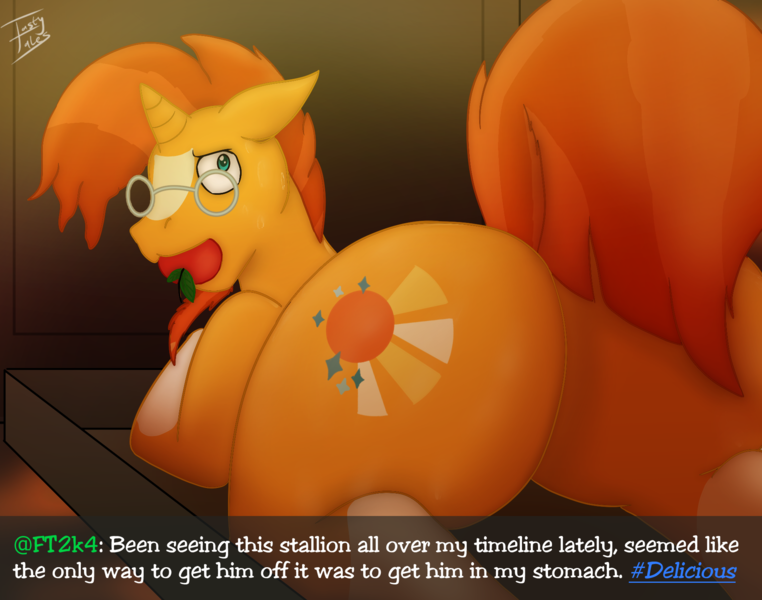 Size: 1905x1500 | Tagged: safe, artist:tastytales, derpibooru import, pony, unicorn, apple, apple gag, butt, cooked alive, cooking, food, gag, glasses, image, implied cannibalism, implied vore, male, offscreen character, plot, png, solo, stallion, sweat, worried