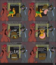 Size: 3224x3750 | Tagged: safe, artist:tastytales, derpibooru import, oc, unofficial characters only, abyssinian, diamond dog, mimic, pony, unicorn, butt, cape, chest fluff, clothes, collar, comic, eaten alive, eyepatch, glasses, image, male, plot, png, tongue out, vest, vore