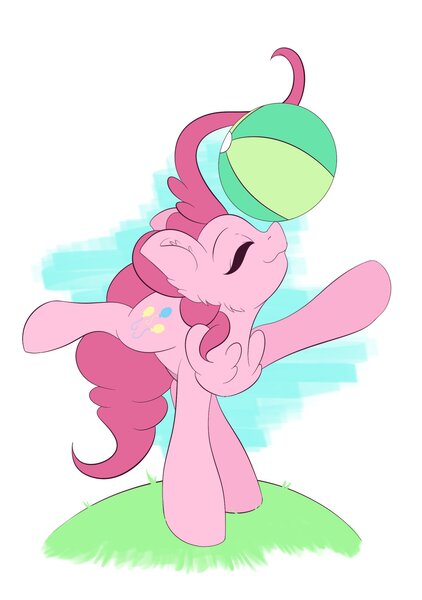Size: 1595x2267 | Tagged: safe, artist:eventseem, derpibooru import, pinkie pie, earth pony, pony, ball, female, floppy ears, grass, image, jpeg, mare, smiling, solo