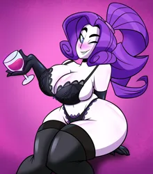 Size: 6508x7408 | Tagged: suggestive, artist:grimphantom, derpibooru import, rarity, human, alcohol, alternate hairstyle, ass, belly button, big breasts, black bra, black panties, black underwear, blushing, bottom heavy, bra, breasts, busty rarity, butt, cleavage, clothes, evening gloves, female, frilly underwear, glass, gloves, huge breasts, humanized, i can't believe it's not bigdad, image, latex, latex gloves, latex stockings, lingerie, long gloves, looking at you, one eye closed, panties, png, ponytail, rarihips, rarithighs, sexy, socks, solo, solo female, stockings, stupid sexy rarity, thigh highs, thighs, thunder thighs, underwear, wide hips, wine, wine glass, wink, winking at you