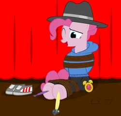 Size: 8192x7819 | Tagged: suggestive, artist:cardshark777, derpibooru import, pinkie pie, pony, arm behind back, bondage, clothes, curtains, discarded clothing, feather, female, hat, helpless, hoodie, hoof tickling, hooves behind back, image, laughing, levitation, magic, magic glow, mare, one eye closed, pants, pink coat, pink mane, png, rapper pie, rope, rope bondage, shoes off, shoes removed, signature, solo, stage, telekinesis, tickle torture, tickling, tied up, watch