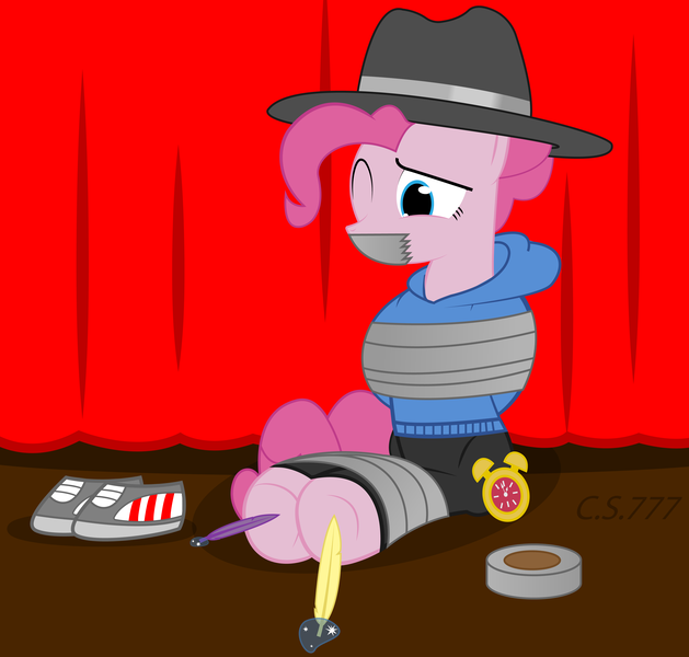 Size: 8192x7819 | Tagged: suggestive, alternate version, artist:cardshark777, derpibooru import, pinkie pie, pony, arm behind back, bondage, clothes, curtains, discarded clothing, duct tape, feather, female, gag, hat, helpless, hoodie, hoof tickling, hooves behind back, image, laughing, levitation, magic, magic glow, mare, one eye closed, pants, pink coat, pink mane, png, rapper pie, shoes off, shoes removed, signature, solo, stage, tape, tape bondage, tape gag, telekinesis, tickle torture, tickling, tied up, watch