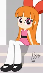 Size: 629x1080 | Tagged: safe, artist:rjp.rammy, derpibooru import, apple bloom, human, equestria girls, equestria girls (movie), blossom (powerpuff girls), bow, canterlot high, clothes, cute, cute smile, hair bow, image, jpeg, looking at you, ponytail, signature, sitting, smiling, smiling at you, solo, stairs, the powerpuff girls