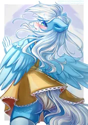 Size: 3508x4961 | Tagged: safe, artist:chaosangeldesu, derpibooru import, oc, oc:icy heart, unofficial characters only, anthro, blue eyes, blushing, clothes, commission, dress, image, jpeg, panties, simple background, solo, spread wings, underwear, wings