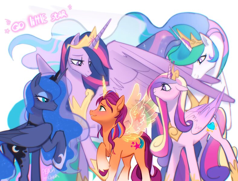 Size: 3432x2612 | Tagged: safe, artist:peachmichea, derpibooru import, princess cadance, princess celestia, princess luna, princess twilight 2.0, sunny starscout, twilight sparkle, twilight sparkle (alicorn), alicorn, pony, g5, my little pony: a new generation, the last problem, alicorn tetrarchy, artificial horn, artificial wings, augmented, coat markings, crown, encouragement, ethereal mane, ethereal tail, female, future twilight, grin, group, height difference, hoof shoes, horn, image, jewelry, jpeg, looking at each other, looking at someone, magic, magic horn, magic wings, mare, older, older twilight, peytral, quintet, race swap, raised hoof, regalia, smiling, socks (coat marking), sunny and her heroine, sunnycorn, sweet dreams fuel, tail, unshorn fetlocks, wholesome, wings
