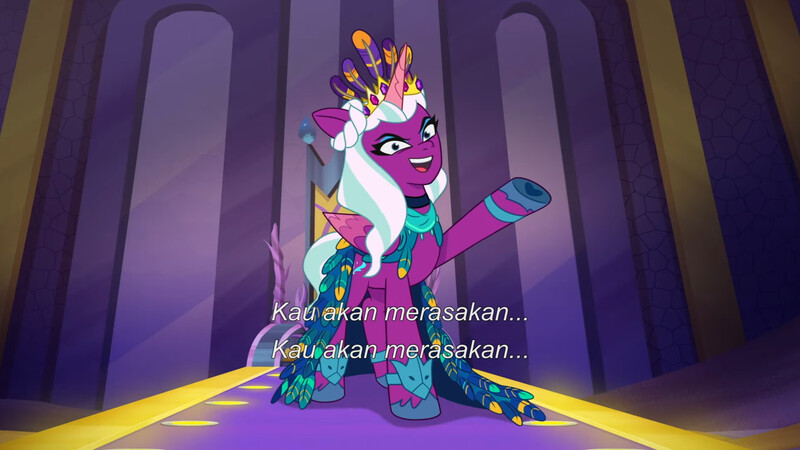 Size: 3072x1727 | Tagged: safe, derpibooru import, screencap, alicorn, pony, g5, my little pony: tell your tale, spoiler:g5, spoiler:my little pony: tell your tale, spoiler:tyts01e50, female, image, indonesian, jpeg, mare, opaline (song), opaline alone, opaline arcana, open mouth, open smile, smiling, solo, subtitles