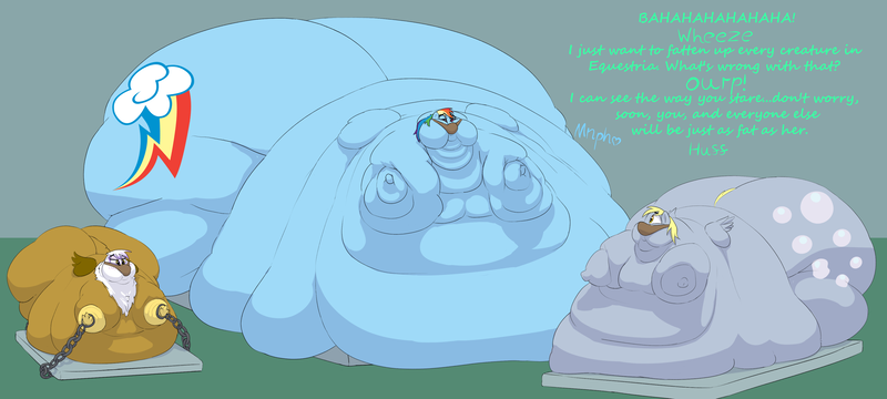 Size: 4000x1798 | Tagged: questionable, artist:lupin quill, derpibooru import, derpy hooves, gilda, rainbow dash, gryphon, pegasus, pony, aderpose, bag, bedbound, bedroom eyes, belly, belly bed, big belly, bingo wings, blob, blushing, bondage, burp, butt, chains, chest fluff, chubby cheeks, dialogue, fat, fat fetish, feed bag, female, females only, fetish, flabby chest, force feeding, gildough, heart, huge belly, huge butt, image, immobile, implied chrysalis, impossibly large belly, impossibly large butt, impossibly obese, kitchen eyes, large butt, mattress, morbidly obese, multichin, neck roll, obese, offscreen character, panting, png, rainblob dash, rolls of fat, stretched cutie mark
