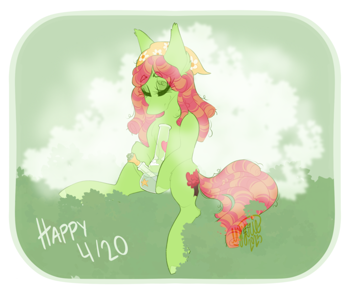 Size: 1905x1589 | Tagged: safe, artist:ezzerie, derpibooru import, tree hugger, pony, 4/20, bong, canon pony, cloud, female, image, mare, my little pony, png, solo