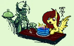 Size: 1130x709 | Tagged: safe, artist:damset, derpibooru import, oc, oc:da-mset, oc:flutter blaze, unofficial characters only, changeling, pegasus, pony, butler, cake, cloak, clothes, dust, dust changelings, food, happy birthday, image, monochrome, ms paint, one eye, pixel art, png, simple background