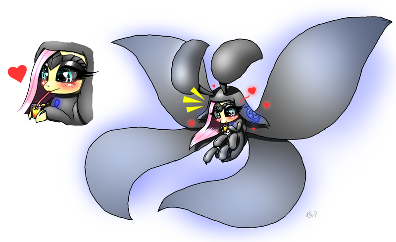 Size: 3190x1951 | Tagged: safe, artist:questionmarkdragon, derpibooru import, oc, unofficial characters only, insect, moth, mothpony, original species, blushing, bust, drinking, duo, eyelashes, female, flying, heart, image, magical parthenogenic spawn, not fluttershy, offspring, parent:fluttershy, png, solo, spread wings, wings