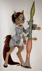 Size: 1224x2048 | Tagged: safe, artist:malamewart, derpibooru import, earth pony, pony, blouse, bracelet, businessmare, clothes, glasses, image, jewelry, jpeg, miniskirt, radio ear piece, resident evil, resident evil 5, rocket launcher, rpg-7, sheva alomar, skirt, smiling, standing on two hooves, weapon