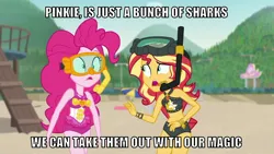 Size: 1066x600 | Tagged: safe, derpibooru import, edit, edited screencap, editor:twi clown, screencap, pinkie pie, sunset shimmer, human, equestria girls, equestria girls series, unsolved selfie mysteries, beach, belly button, bikini, caption, clothes, female, image, image macro, one-piece swimsuit, pinkie pie swimsuit, png, summer sunset, sunset shimmer swimsuit, sunset shimmer's beach shorts swimsuit, swimsuit, text