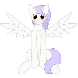 Size: 1500x1500 | Tagged: safe, artist:starfire dream, derpibooru import, oc, oc:mockery, unofficial characters only, pegasus, pony, amber eyes, blushing, chest fluff, digital art, front view, image, looking at you, male, pegasus oc, png, purple hair, purple mane, purple tail, simple background, sitting, smiling, solo, spread wings, stallion, tail, transparent background, white fur, wingboner, wings